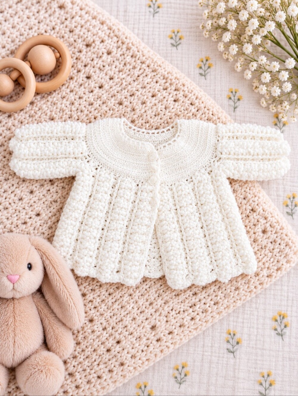 Vintage Handmade White Crochet Baby Cardigan – Newborn / 0–3 Months